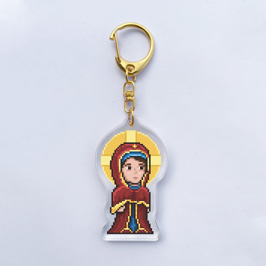 This is a pixel art acrylic keychain with the holy mary, mother of Jesus. Copyright by ΜΠΟΡΩ®